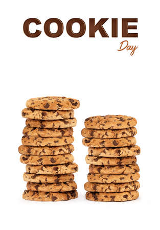 Template design featuring multiple stacks of chocolate chip cookies underneath square of sample textの写真素材