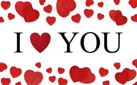 I Love You Valentines card design with red heart and text on a central banner over a hearts...