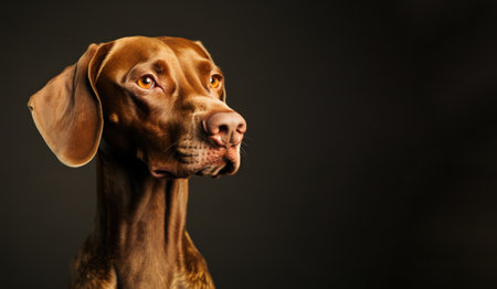 Captivating Close-up of a Brown Weimaraner's Profile with Large Ears Against a Black Background. Generative AI panorama banner with copy space to the right.の素材