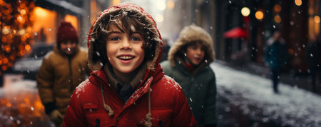 Kids having fun playing in the snow during Christmas. Childhood joy comes alive outdoors. Perfect for holiday concept. Copy space available.の素材