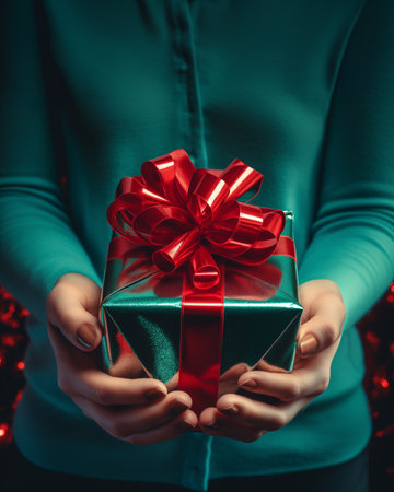 A woman's hands hold a gift box with a crimson bow. Festive wrapping paper and holiday decorations create an occasion full of surprises. Ideal for birthdays, Christmas or anniversary celebrations.の素材