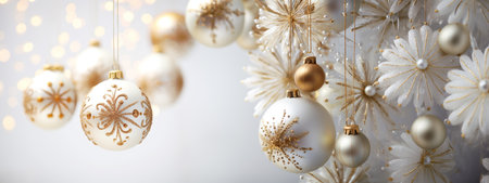 Christmas celebration with shiny golden Christmas ornaments and shiny balls. Festive concept on white background.の素材