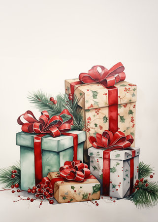 White background with festive surprise. Gift boxes with bows and red ribbons. A still life that evokes the Christmas spirit and the joy of gift giving. Perfect for events and celebrations.の素材
