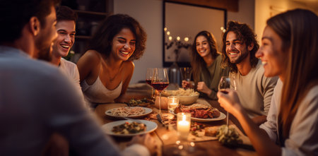 Celebrate the holidays with family and friends, enjoying a cheerful Christmas dinner in the cozy warmth of a welcoming home. Happiness and friendship radiate in this joyful gathering, full of festive spirit.の素材