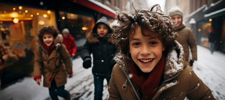 A group of children having fun playing and enjoying the holiday outdoors in the winter. The concept of childhood joy and happiness during the Christmas vacation.の素材