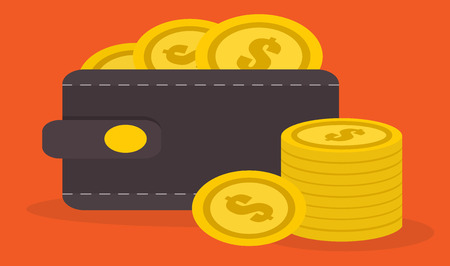 Pill of coin with a wallet in a colored backgroundの写真素材