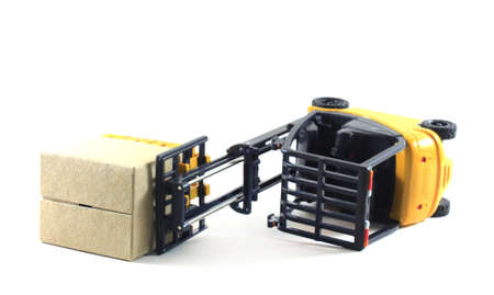 Accident of Electrical forklift and rack isolated on a white backgroundの写真素材