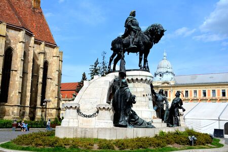 Statue of Matei Corvin, in center of Cluj-Napoca, Transylvaniaのeditorial素材