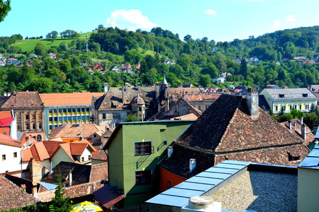 Aerial view. Urban landscape in the downtown of the medieval Sighisoara, Transylvania.のeditorial素材