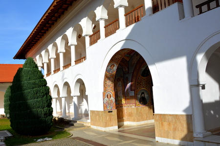 Courtyard. Monastery Sambata is a Romanian Orthodox monastery in Sambata de Sus, Brasov County, in...