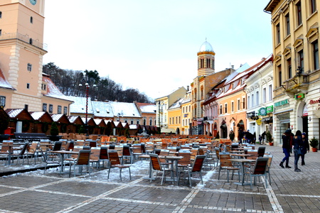 Typical winter urban landscape in the city Brasov, Transylvania. Brasov is a town situated in Transylvania, Romania, in the center of the country. 300.000 inhabitants.のeditorial素材
