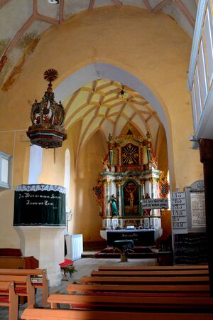 Inside the church. Valea Viilor rural church was built in 16th century. UNESCO Heritage Site. Transylvania.のeditorial素材
