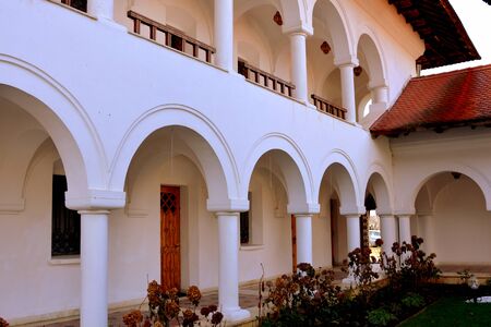 Courtyard of the monastery. Monastery Sambata is a Romanian Orthodox monastery in Sâmb?ta de Sus,...