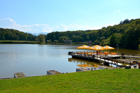 Lake inside Peasant Museum in Dumbrava Sibiului, Transylvania In Dumbrava Sibiului;Romanian Peasant Museum with many pieces of inventory of a peasant.のeditorial素材