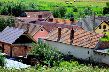 Aerial view of the village Feldioara, Transylvania, in the area of the city Brasov, a town situated in Transylvania, Romania, in the center of the country. 300.000 inhabitants.の写真素材