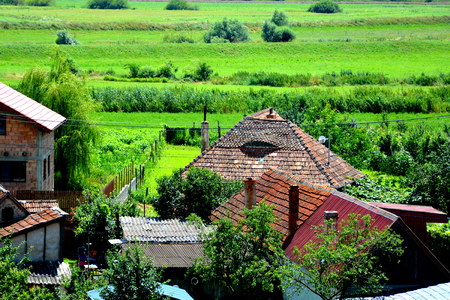 Aerial view of the village Feldioara, Transylvania, in the area of the city Brasov, a town situated in Transylvania, Romania, in the center of the country. 300.000 inhabitants.の写真素材