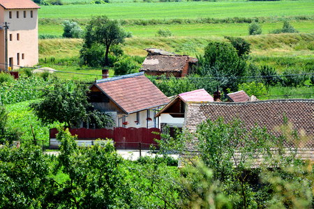 Aerial view of the village Feldioara, Transylvania, in the area of the city Brasov, a town situated in Transylvania, Romania, in the center of the country. 300.000 inhabitants.のeditorial素材