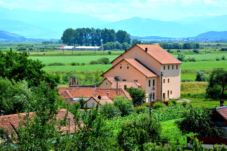 Aerial view of the village Feldioara, Transylvania, in the area of the city Brasov, a town situated in Transylvania, Romania, in the center of the country.の写真素材