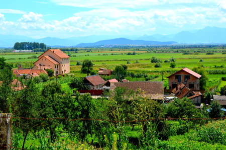 Aerial view of the village Feldioara, Transylvania, in the area of the city Brasov, a town situated in Transylvania, Romania, in the center of the country. 300.000 inhabitants.のeditorial素材