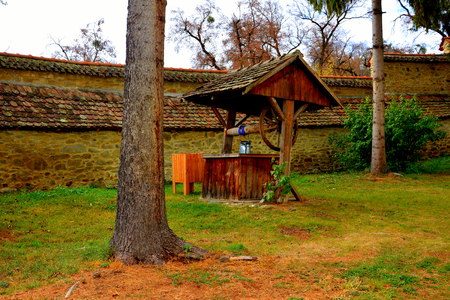 Courtyard of the medieval fortified saxon church in the village Crit-Kreutz, Transylvania, Romaniaの写真素材