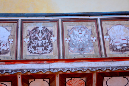 Typical rural landscape and peasant houses in  the village CloaÈterf (Klosderf, Klosdorf, Nickelsdorf), Transylvania, Romania. The settlement was founded by the Saxon colonists in the middle of the 12th centuryのeditorial素材