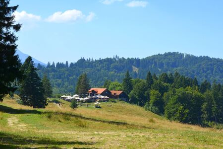 Typical landscape in the forests of Transylvania, Romania. Green landscape in the midsummer, in a sunny dayの写真素材