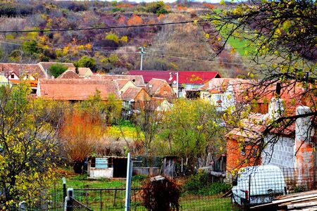 Aerial view. Typical rural landscape and peasant houses in Garbova, Transylvania, Romaniaの写真素材