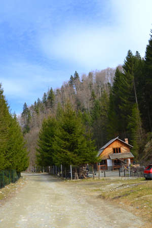 Chalet in Piatra Craiului in Carpathian Mountains, Transylvania. Typical landscape in the forests of  Romania. Green landscape in spring, in a sunny dayのeditorial素材