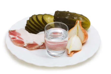 Vodka and snack isolated on white background の写真素材