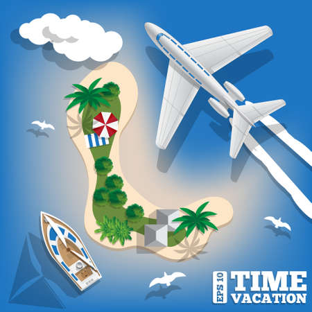 A plane over a tropical island. View from above. Vector illustration.のイラスト素材