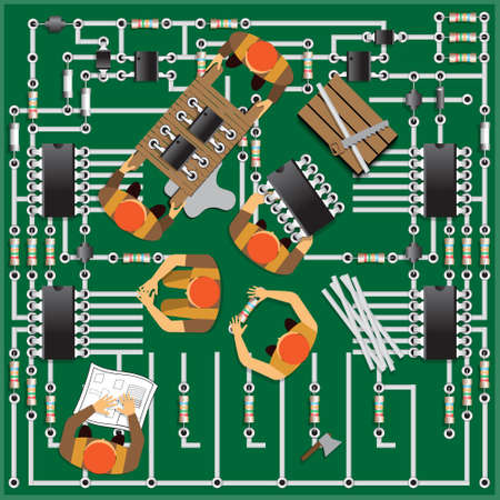 Repair work of the electronic circuit. View from above. Vector illustration.