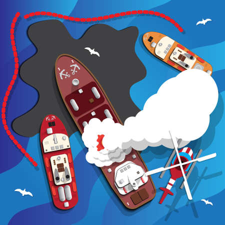 The fire on the ship. Oil spill. Ecological problem. Vector illustration.のイラスト素材