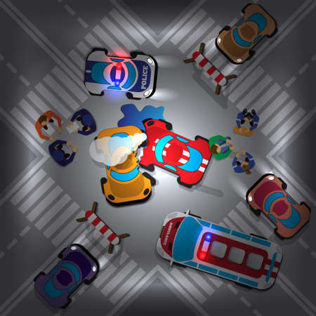 Road accident at the intersection at night. View from above. Vector illustration.のイラスト素材