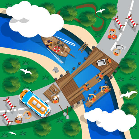 Construction of a bridge across the river. View from above. Vector illustration.のイラスト素材