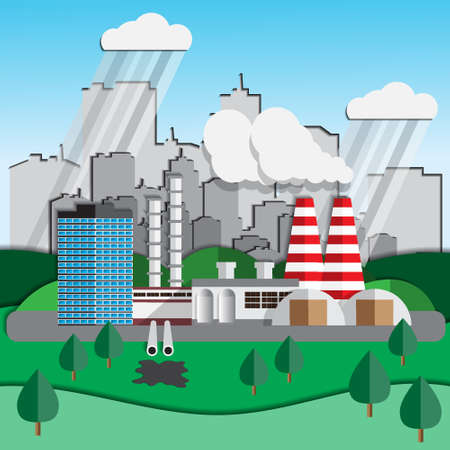 Factory on a background of the city. Ecology. Vector illustration.のイラスト素材