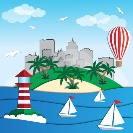 Tropical island, the city in the background. Vector illustration.のイラスト素材