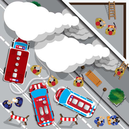 The fire in the building. View from above. Vector illustration.