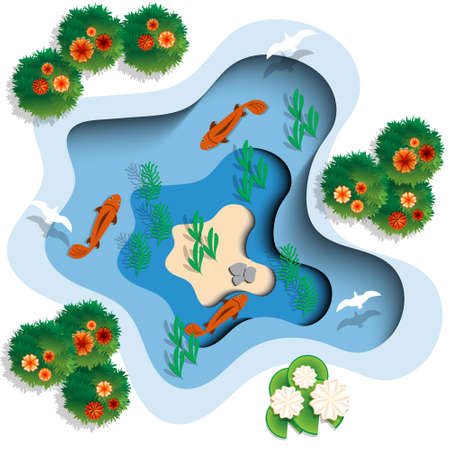 Lake in which the fish swim. Top view. Vector illustration.のイラスト素材