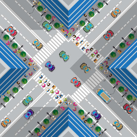Crossroads in the town, flow of people. View from above vector illustration.のイラスト素材