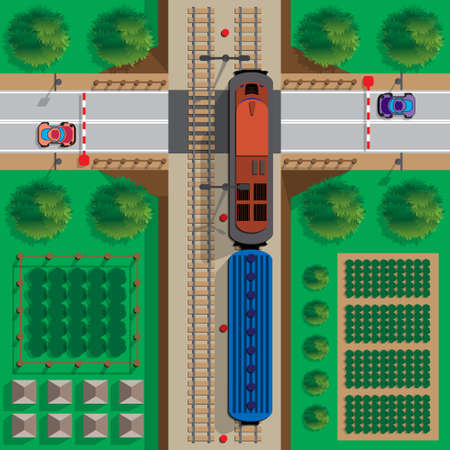 Railroad crossing. View from above. Vector illustration.のイラスト素材