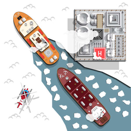 The drilling rig is located in the Arctic. View from above. Vector illustration.のイラスト素材