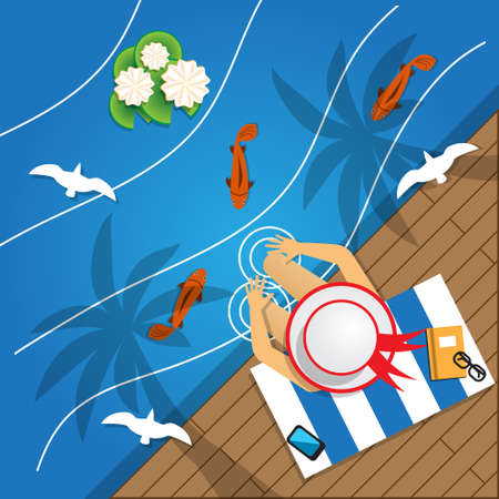 The girl in the hat on the beach. View from above Vector illustration.のイラスト素材