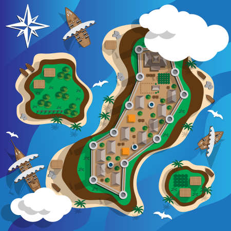 Map of the island with a castle and ships. View from above. Vector illustration.のイラスト素材