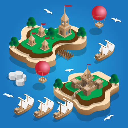 Old castle on the island. Isometric. Vector illustration.のイラスト素材
