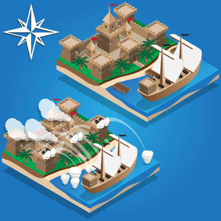Pirate ship in the harbor isometric vector illustration.のイラスト素材