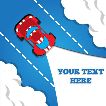 The car on a blue background is moving on the highway. View from above. Vector illustration.のイラスト素材