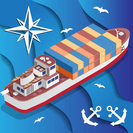 Ship for transporting containers isometric vector illustration.のイラスト素材