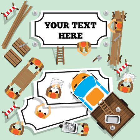 Workers attach labels. View from above. Vector illustration.のイラスト素材