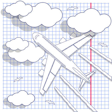 Flying the plane on the sheet in a cage. View from above. Vector illustration.のイラスト素材
