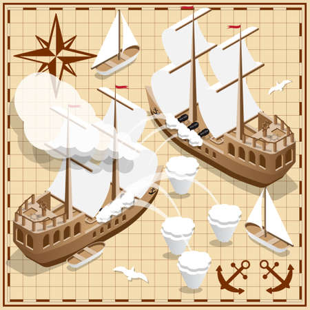 Battleship on the old map. Isometric. Vector illustration.のイラスト素材